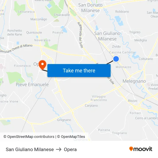 San Giuliano Milanese to Opera map