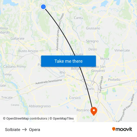 Solbiate to Opera map
