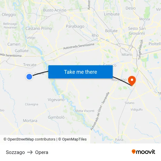 Sozzago to Opera map