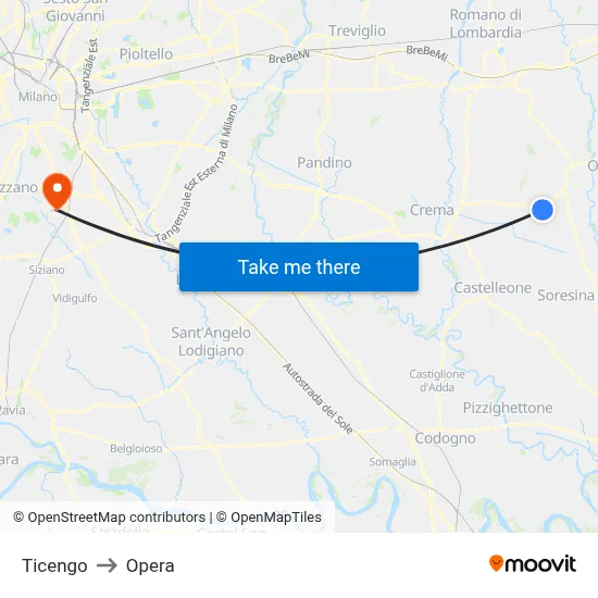 Ticengo to Opera map