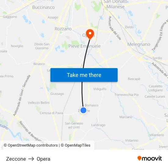 Zeccone to Opera map