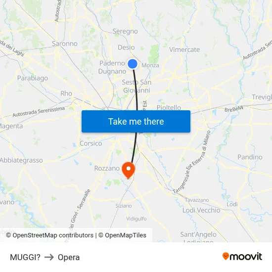 Muggiò to Opera map