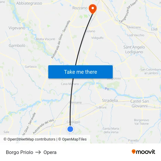 Borgo Priolo to Opera map