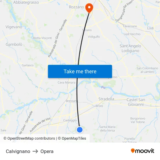 Calvignano to Opera map