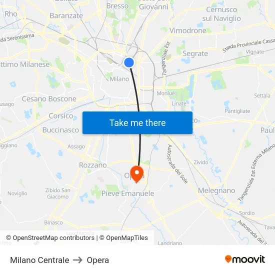 Milano Centrale to Opera map