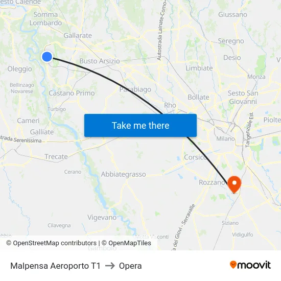 Malpensa Aeroporto T1 to Opera map
