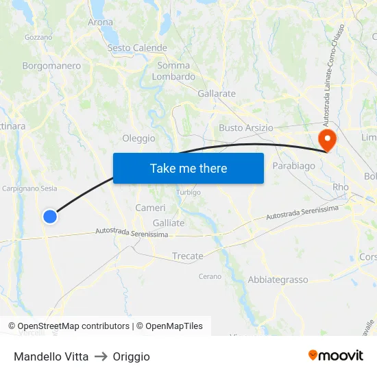 Mandello Vitta to Origgio map