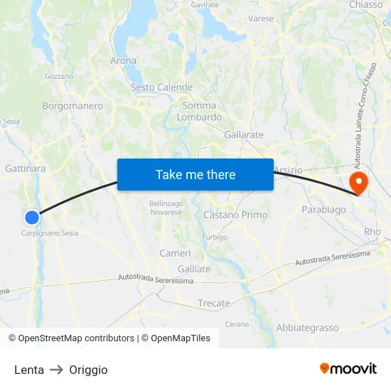 Lenta to Origgio map