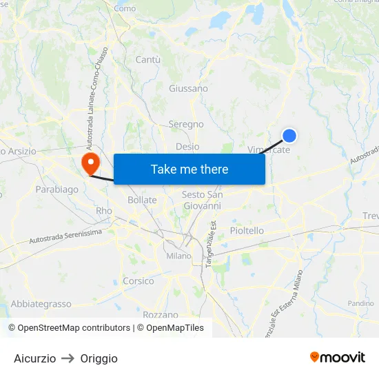 Aicurzio to Origgio map