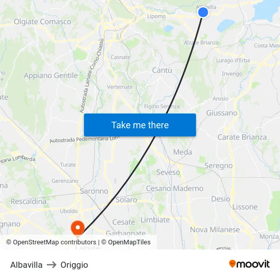 Albavilla to Origgio map