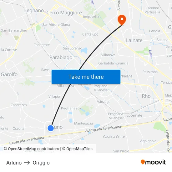 Arluno to Origgio map