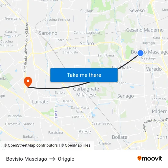Bovisio-Masciago to Origgio map