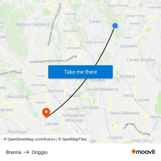 Brenna to Origgio map