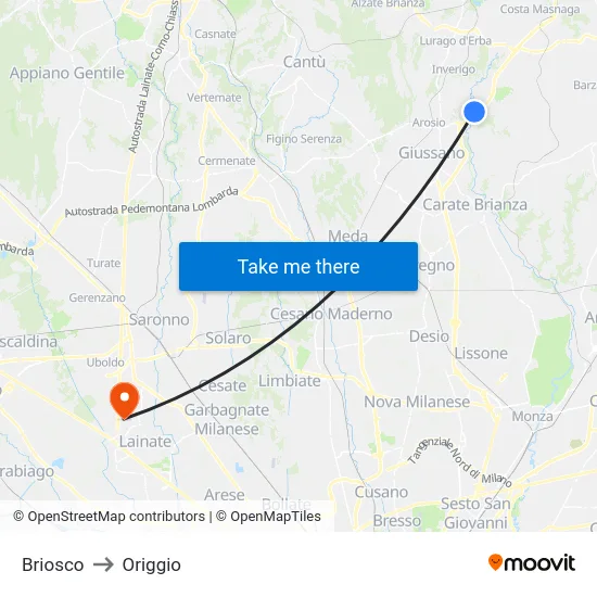 Briosco to Origgio map