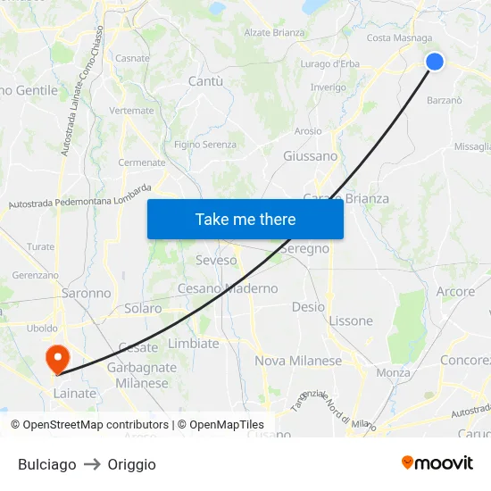 Bulciago to Origgio map