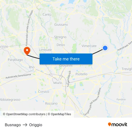 Busnago to Origgio map