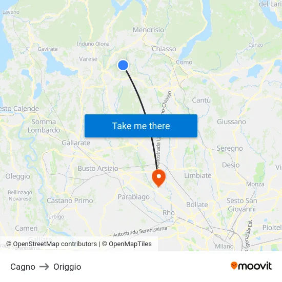 Cagno to Origgio map