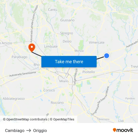 Cambiago to Origgio map