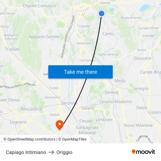 Capiago Intimiano to Origgio map