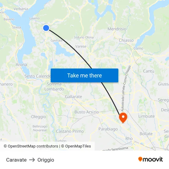 Caravate to Origgio map