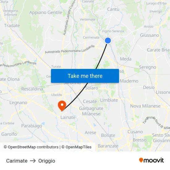 Carimate to Origgio map