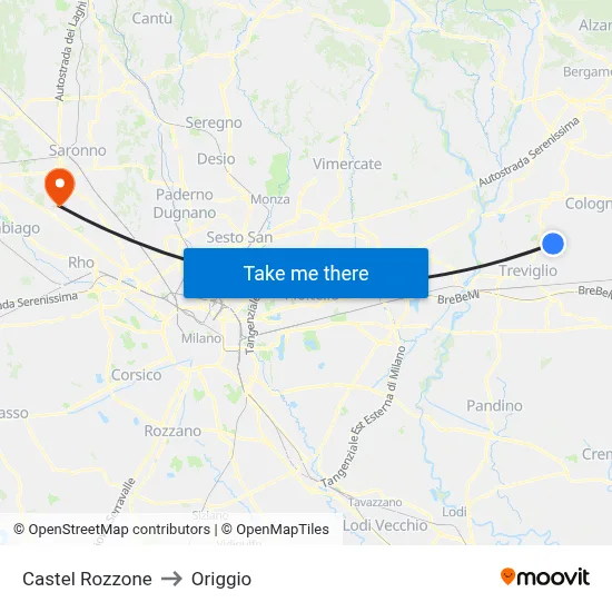 Castel Rozzone to Origgio map