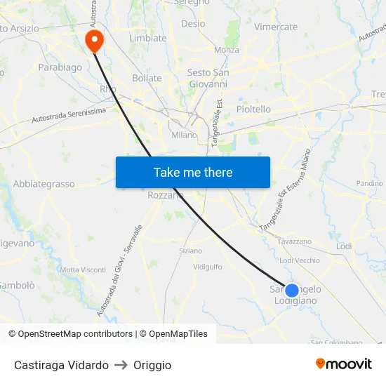 Castiraga Vidardo to Origgio map