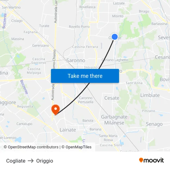 Cogliate to Origgio map