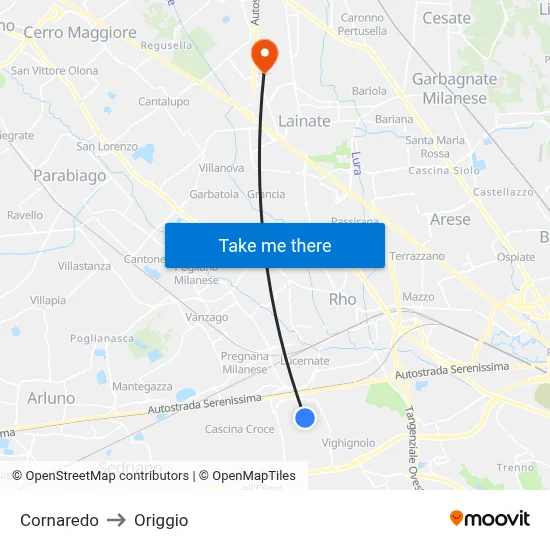 Cornaredo to Origgio map