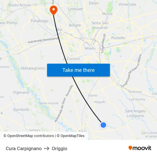 Cura Carpignano to Origgio map