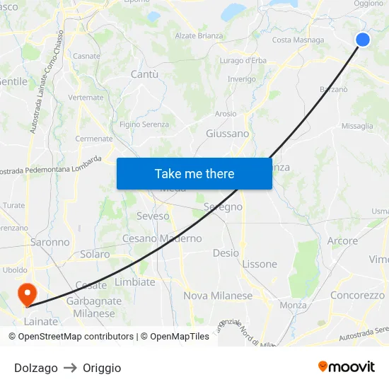 Dolzago to Origgio map