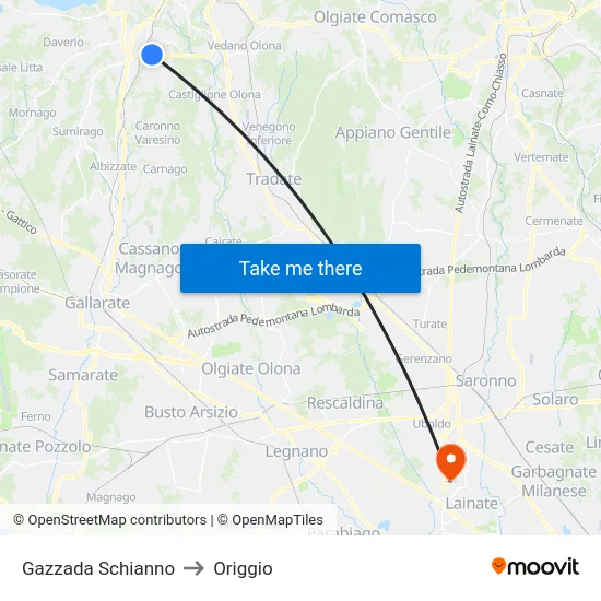 Gazzada Schianno to Origgio map