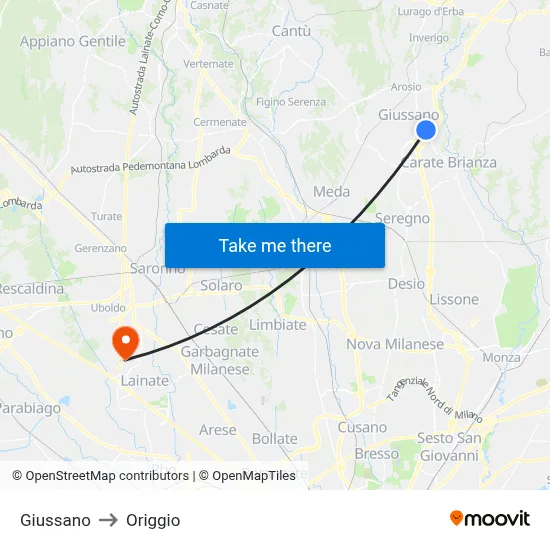 Giussano to Origgio map