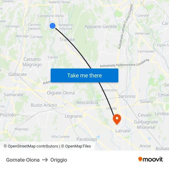 Gornate-Olona to Origgio map
