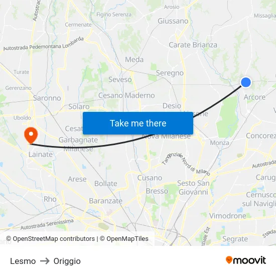 Lesmo to Origgio map