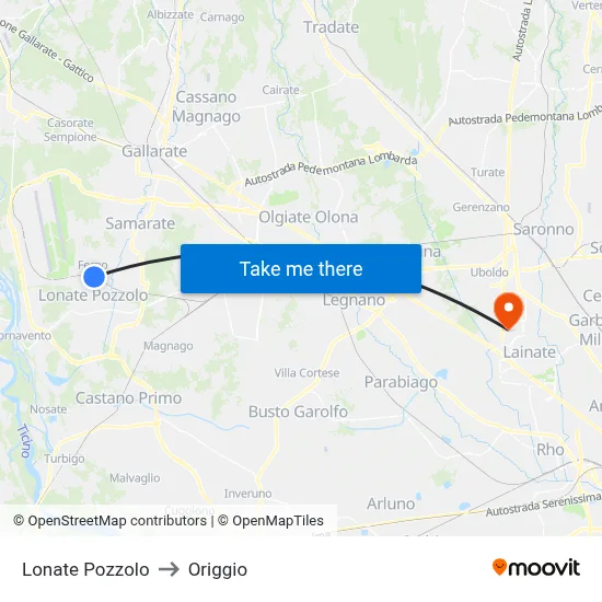 Lonate Pozzolo to Origgio map