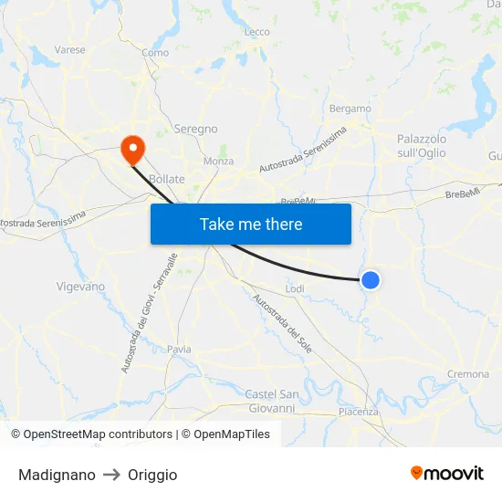 Madignano to Origgio map