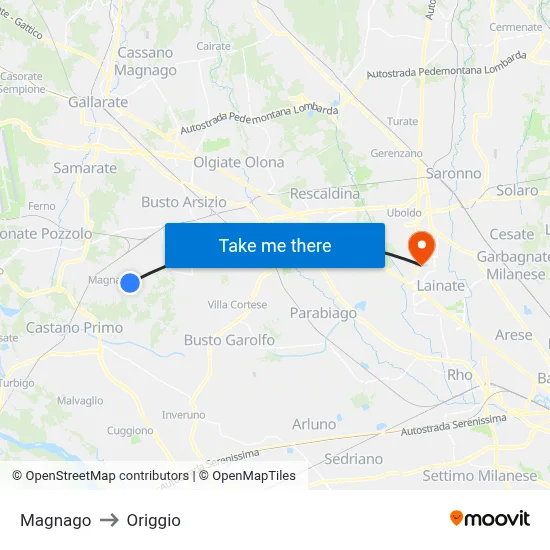 Magnago to Origgio map