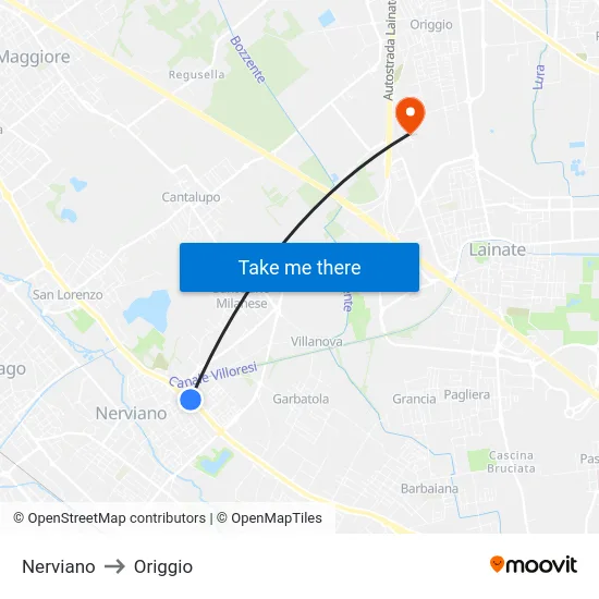 Nerviano to Origgio map