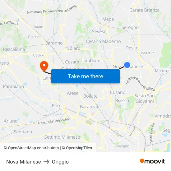 Nova Milanese to Origgio map