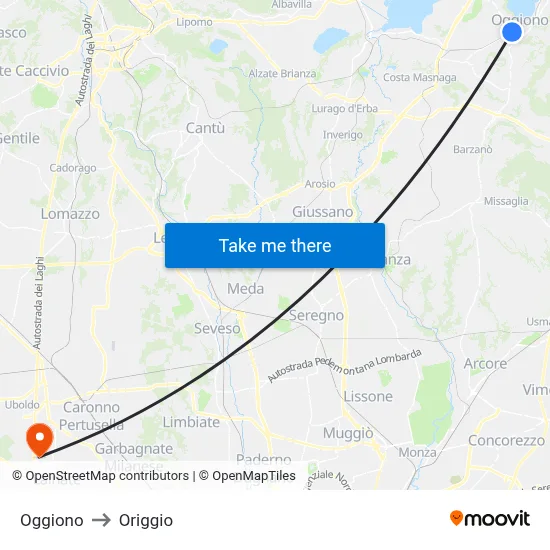Oggiono to Origgio map