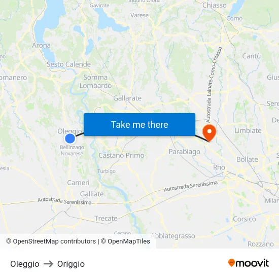 Oleggio to Origgio map