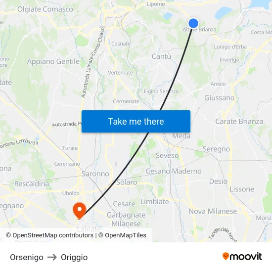 Orsenigo to Origgio map
