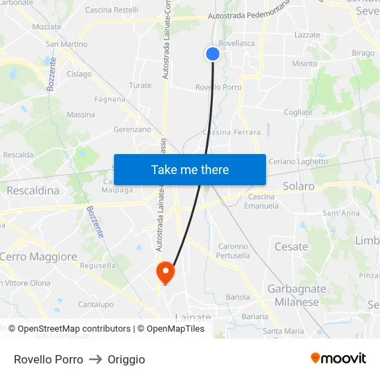 Rovello Porro to Origgio map