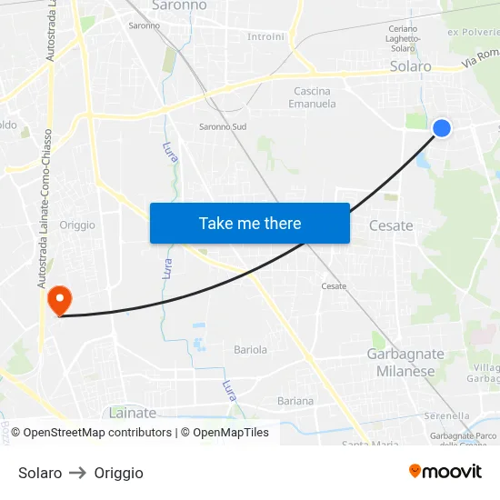 Solaro to Origgio map