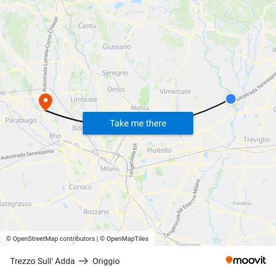 Trezzo Sull' Adda to Origgio map