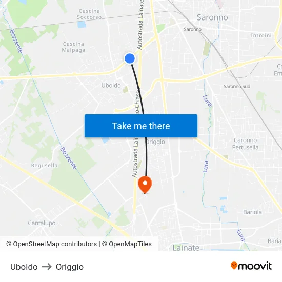 Uboldo to Origgio map