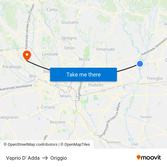 Vaprio D' Adda to Origgio map