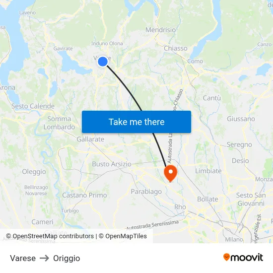 Varese to Origgio map