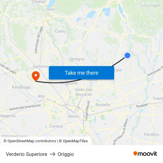 Verderio Superiore to Origgio map